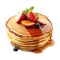 Fluffy pancakes stacked high with fresh strawberries and maple syrup, isolated on white transparent background, concept of delicious breakfast treat