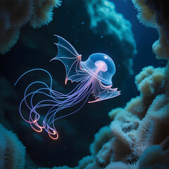 A photograph of a mesmerizing deep-sea hybrid creature gracefully gliding through a cavern of bioluminescent coral (1)