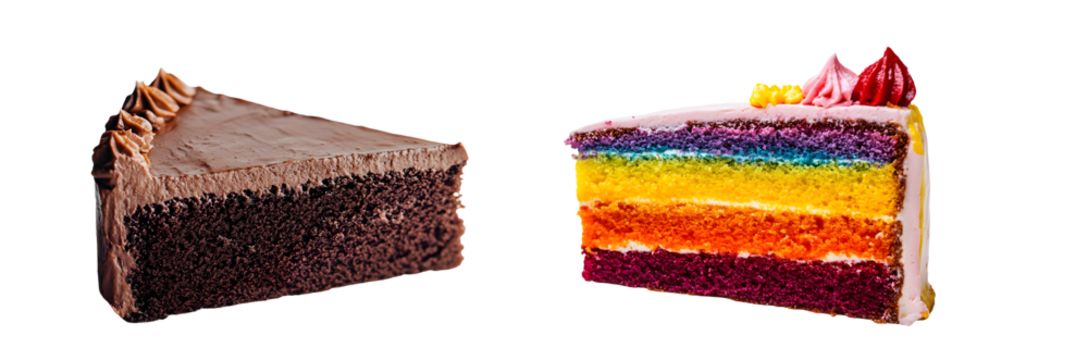 chocolate cake slice and a rainbow layered cake slice, both beautifully displayed and ready to be enjoyed.