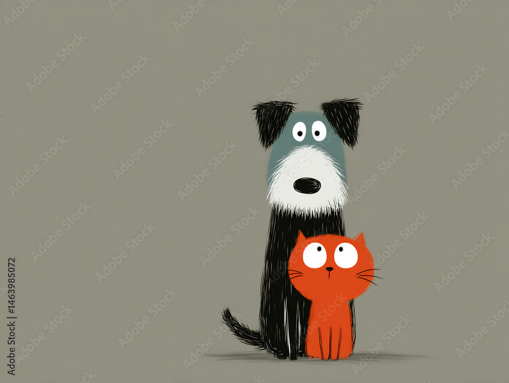 Poster flat style illustrations of a dog and a cat demonstrating sizes (big and small) and colors (red and 