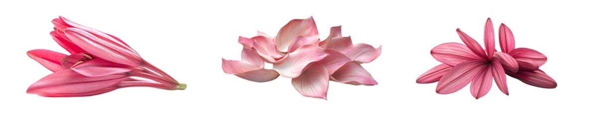 Set of pink flowers set against a transparent background.
