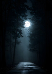 Mystical Night Forest Illustration With Full Moon And Eerie Blue Atmosphere
