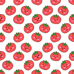 Cute Kawaii Tomato Seamless Pattern on White Background