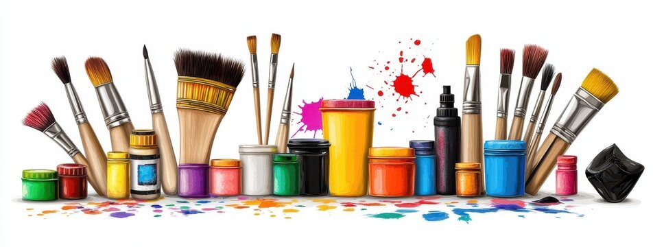 Colorful art supplies arranged on a white background - Powered by Adobe