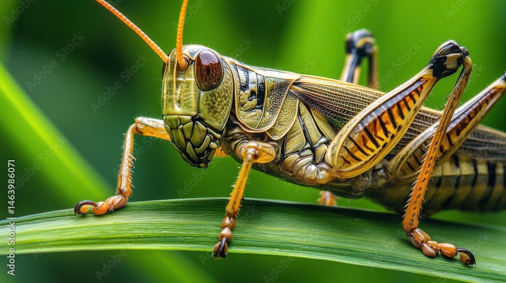 Poster close-up view of a grasshopper on a blade of grass.