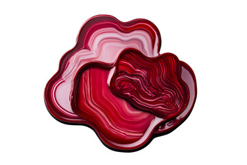 Glossy layered acrylic texture in red hues, cut out transparent