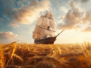 Fototapeta premium Sailing ship navigates through golden waves of wheat under a vibrant sky at sunset