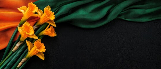 Vibrant yellow daffodils on black surface with orange and green fabric flow. Concept for St. David's Day