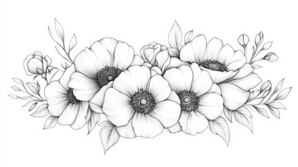 Obraz premium Detailed pencil sketch of anemone flowers and leaves. Ideal for elegant invitations or artistic design projects.