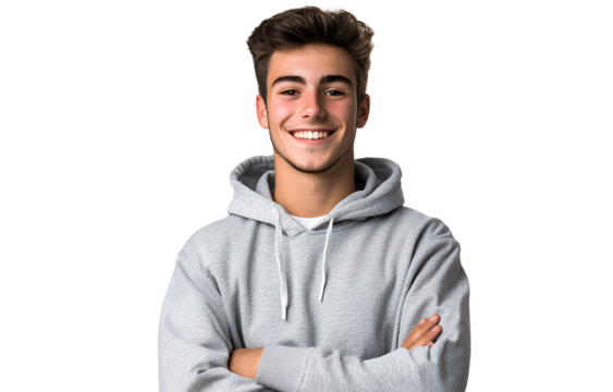 Young, smiling man in a grey hoodie, isolated on a transparent background. PNG file with a white, transparent background