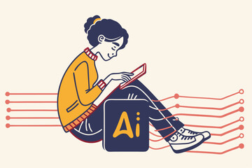 Creative Woman Using Tablet With Artificial Intelligence Logo Design Illustration