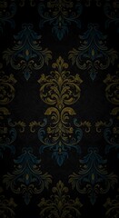 Dark Teal and Gold Damask Pattern, Vertical Wallpaper