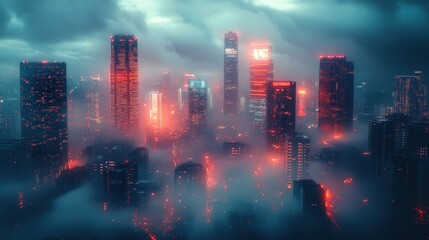 Fototapeta premium Cyberpunk Cityscape: Foggy Metropolis at Night