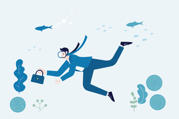 Businessman Scuba Diving Underwater With Briefcase Vector Illustration In Flat Design