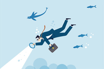 Businessman Scuba Diving Underwater With Briefcase Exploring Ocean Searching For Opportunities