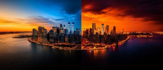 Fototapeta premium A split image showcases a cityscape at sunset, with one half exhibiting a cool blue tone and the other a warm orange hue