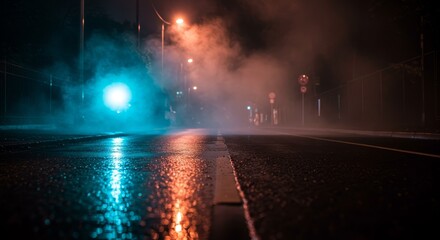 Night Road Scene with Wet Asphalt and Foggy City Lights Photo