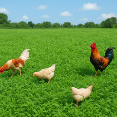 Fototapeta premium free range chickens. rooster and hen on green grass field and clear sky
