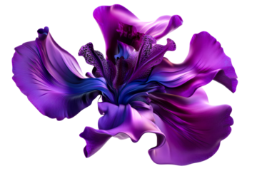 Abstract vibrant purple flower shape on black, cut out transparent
