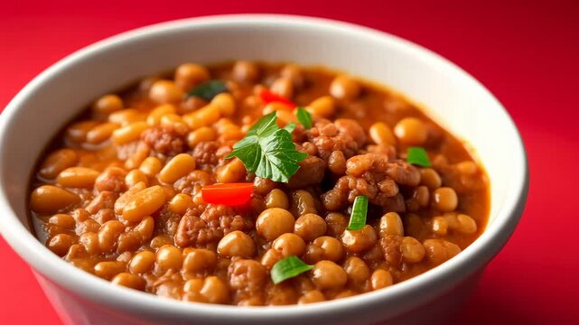 Close-up of baked beans in tomato sauce with herbs in white bowl on red background.