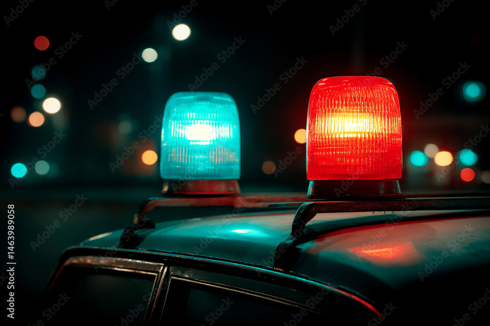 Poster a close-up night image of a flashing blue and red emergency light bar with an alternating slow pulse