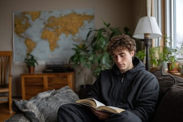 Fototapeta premium Young Man Reading Book: Cozy Home Interior, Serene Mood