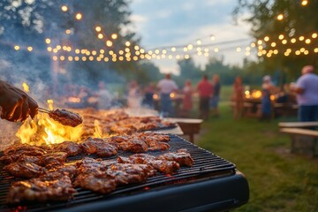 Grilling meat at an outdoor party with lights for food blogs, recipes, and catering services