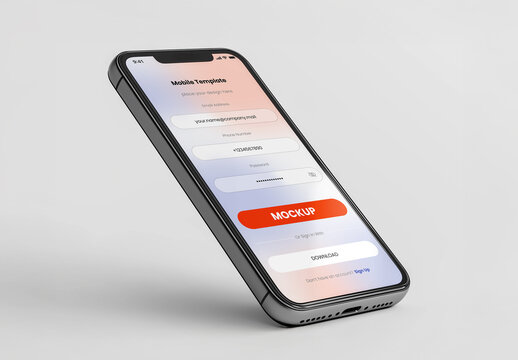 Isometric Smartphone Screen Mockup &ndash; Realistic Mobile Display Presentation for UI/UX App Design and Login Interface Showcase