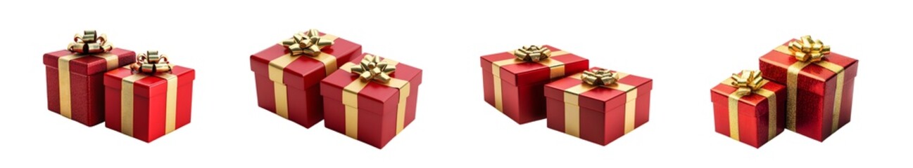 Fototapeta premium Several gift boxes wrapped in red paper with gold ribbon isolated on transparent background