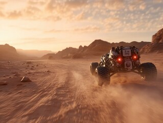 Fototapeta premium Navigating rugged terrain on Mars with an advanced exploration vehicle during sunset