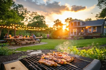 Backyard barbecue party with grilling and dining at sunset. use cases: summer events, outdoor celebrations.