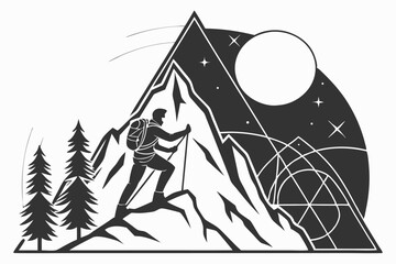 64 Black and white illustration, mountainous landscape, silhouette of climber, full moon, starry sky, geometric shapes, minimalist design, line art, contrast, adventure theme, night scene, stylized mo