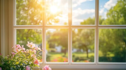 Naklejka premium Sunny window view with pink flowers, bright natural light and green trees. Great for spring, summer designs, hope, and new beginnings themes.