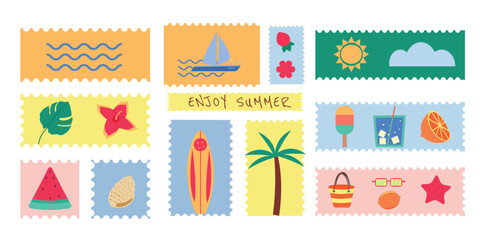 Summertime wavy frame set. Postcard for vacation web design pack. Label seasonal concept collection. Vector illustration
