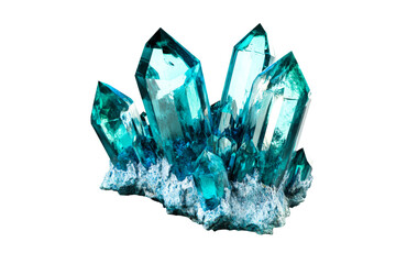 Cluster vibrant teal crystals, mineral stone, gemstone formation, cut out transparent