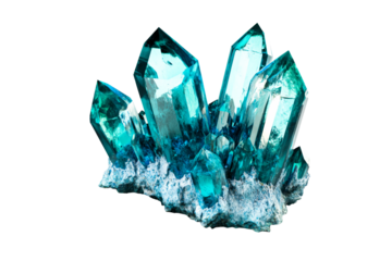 Cluster vibrant teal crystals, mineral stone, gemstone formation, cut out transparent