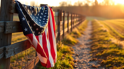 American flag on fence patriotic usa stars and stripes country road sunset memorial day background image on transparent background