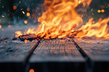 Burning flames on wood table with sparks for camping, cooking, and warmth
