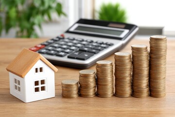 Stacks of coins ascend next to a model house with calculator on the table.