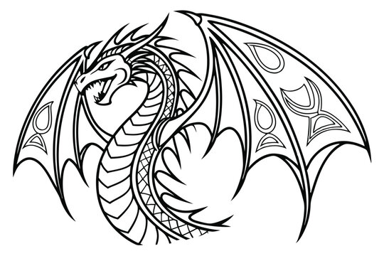 65 Intricate dragon illustration, black and white line art, detailed scales and patterns, zentangle style, extended wings, fierce expression, fantasy creature, mythical beast, ornate design, symmetric