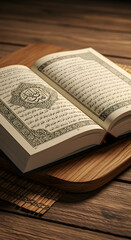 Obraz premium Opened Quran on Wooden Surface in Warm Light Still Life