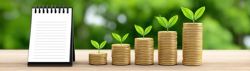 Wealth growth concept with stacked coins increasing in size and small green plant sprouts symbolizing financial growth and investment success on natural background