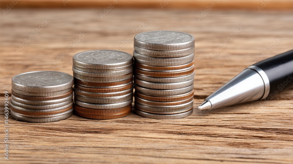 Poster close-up image of neatly stacked coins increasing in height over a wooden surface with a pen on the 