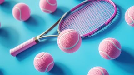 Pink Tennis balls and Pink tennis rackets lying on pink tennis court,paddle tennis balls and the net sport,healthy lifestyle,sport and hobbies,activity,selective focus.