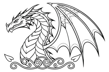 65 Intricate dragon illustration, black and white line art, detailed scales and patterns, zentangle style, extended wings, fierce expression, fantasy creature, mythical beast, ornate design, symmetric