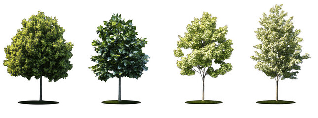 Fototapeta premium Realistic images of trees showcasing different foliage types and colors, highlighting beauty of nature. Each tree stands tall, representing various seasons and growth stages