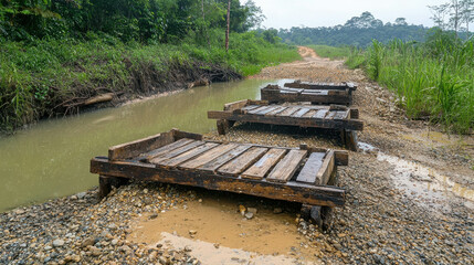 Obraz premium Wooden Pathway Over Wet Ground in Tropical Forest Landscape During Rainy Season