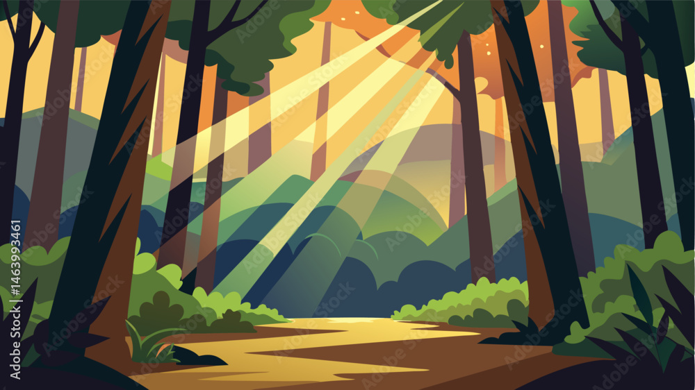 Poster sunlight filtering through the canopy creates a heavenly glow casting dappled shadows over the fores