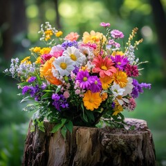 Obraz premium Vibrant flower bouquet on a rustic wooden stump