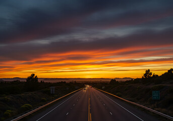 Orange Sunset on Highway Golden Hour Cloud Formations Photo